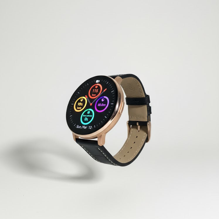 Watch2Care Vital Smartwatch (Rose Gold Case) - Black (with White Stitching) Leather Strap